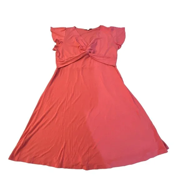 Women’s LOFT Coral Knit Dress Front Twist Size Medium Fit & Flare Knee Length - Picture 4 of 9